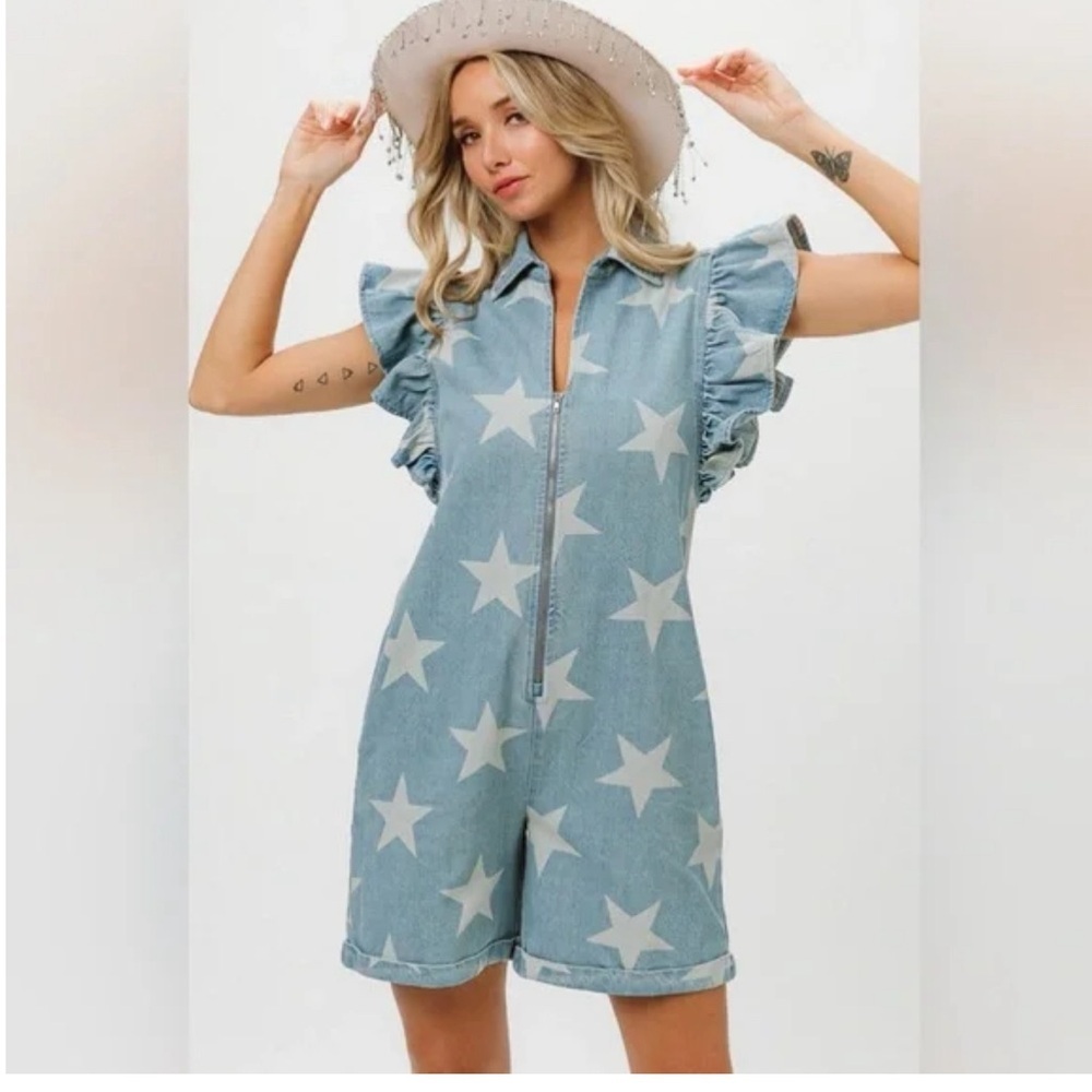 BiBi Light Blue Star Print Denim Romper
